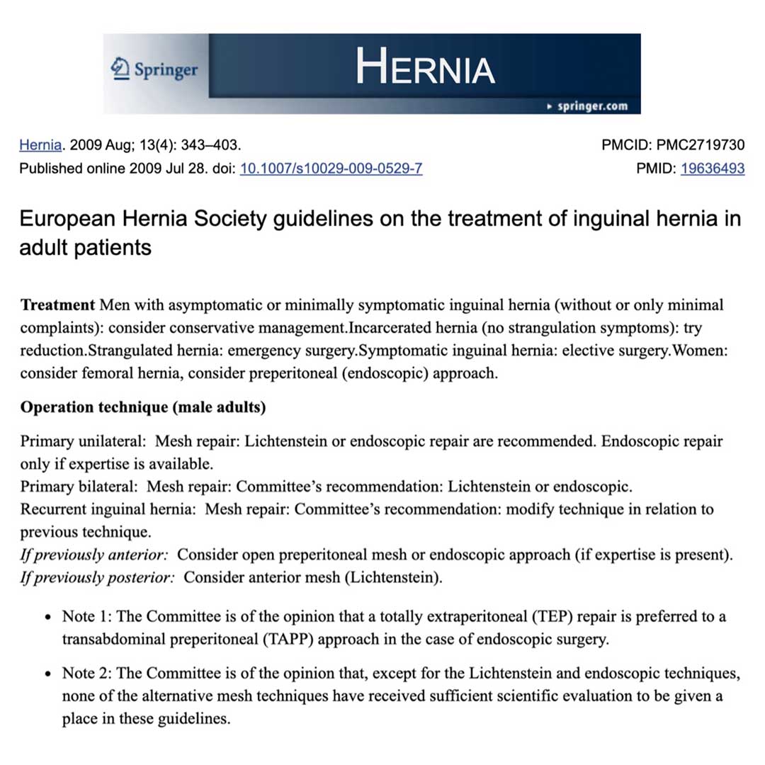 Treatment of Inguinal Hernias European Hernia Society guidelines on the treatment of inguinal hernias