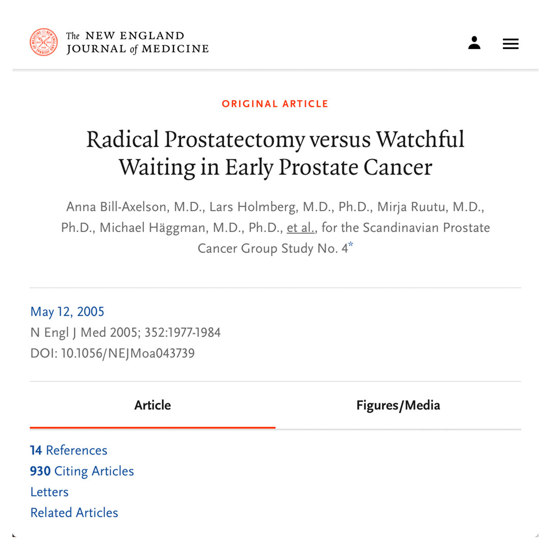 Radical Prostatectomy Versus Watchful Waiting: GSSE Revision – P Primary Anatomy sharing up to date high impact evidence based medicine - journal article from NEJM - of interest to urology, urologists and surgical trainees
